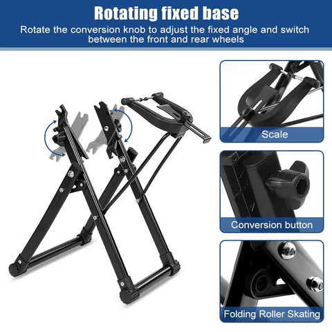 Foldable Bike Wheel Truing Stand With Spoke Wrench For Home Mechanics Aluminum Alloy Frame Front Three Point Nine Inch And Rear Five Point Three Inch Compatibility Includes Ruler Knob Adjustments Easy Portable Wheel Maintenance Kit featuring rotating fixed base.
