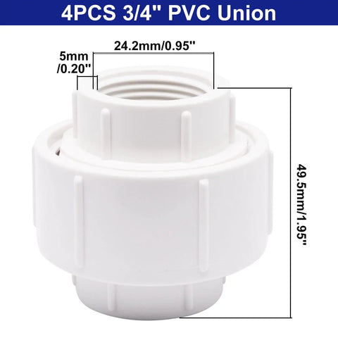 3/4 Inch PVC Pipe Union Fittings Set With Female Thread Couplings, 4 Piece Built Tough Heavy Duty Connector Close-Up