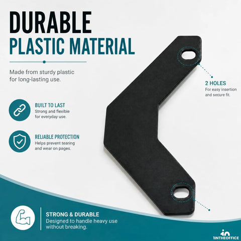 Slick Triangular Binder Sheet Lifters For Three Ring Binders Smooth Page Turners And Document Guards In Sharp Black Style Total Desk Game Changer With A Knockout Forty Pack Bundle Crafted For Standard Eleven By Eight Point Five Inch Paper showing durable black plastic with two holes for secure insertion.