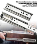 Two Pack Five Inch Soft Close Drawer Slides Featuring Heavy Duty Steel Rails With Slick Ball Bearing Glide For Easy Side Mount Cabinet Install displayed with wooden drawer.