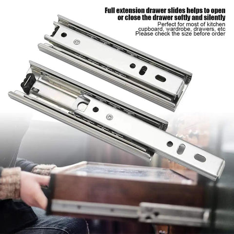 Two Pack Five Inch Soft Close Drawer Slides Featuring Heavy Duty Steel Rails With Slick Ball Bearing Glide For Easy Side Mount Cabinet Install displayed with wooden drawer.