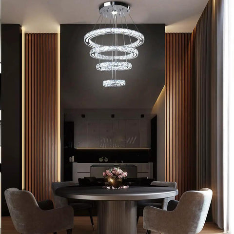 LED Crystal Chandelier With 4 Ring Design in dining room, modern stainless steel pendant light, adjustable length, cool white light
