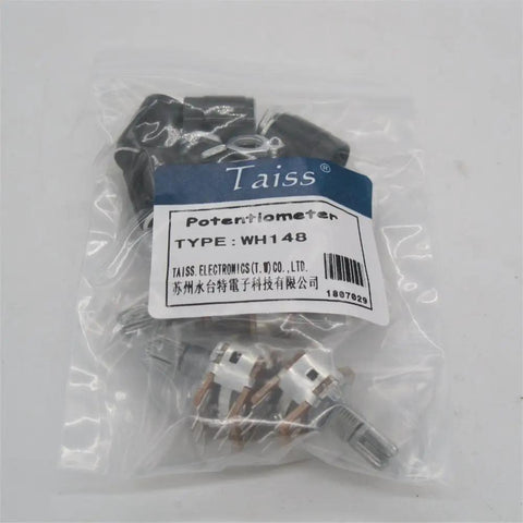 Five Piece 100K Ohm Rotary Potentiometer Kit With 6 Pin Layout For Audio Volume Tone Control Linear Type B shown in packaging