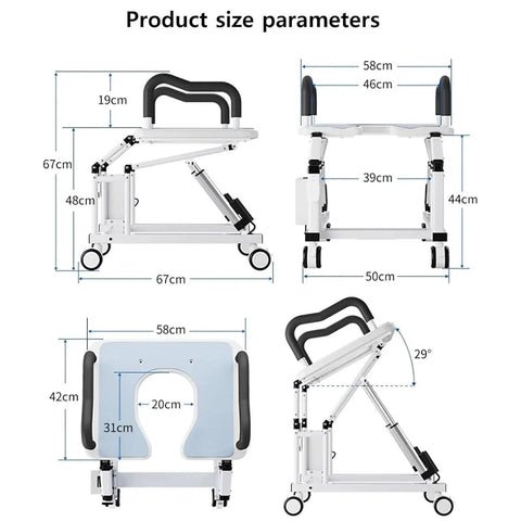 Product dimensions of Heavy Duty Electric Toilet Seat Raiser With Solid Grip Handles Adjustable Height Lift Chair.