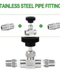Stainless steel straight needle valve, 1/4 in female NPT with nipple, for water, gas or oil flow control