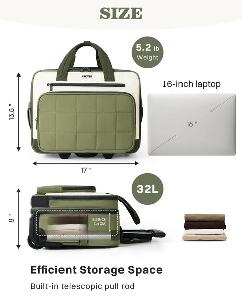 AUROTIER green puffer rolling laptop bag, front view with built-in wheels and front zip pocket, fits 16-inch laptop.