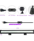 Get Your Party Started With These 4 Pack LED Black Light Bars That Deliver Powerful UV Glow For Indoor Outdoor Halloween Events Stage Lighting Body Paint And Fluorescent Decor In A Waterproof Design Built To Last, showing black light bar dimensions and features including plug, switch, bracket.