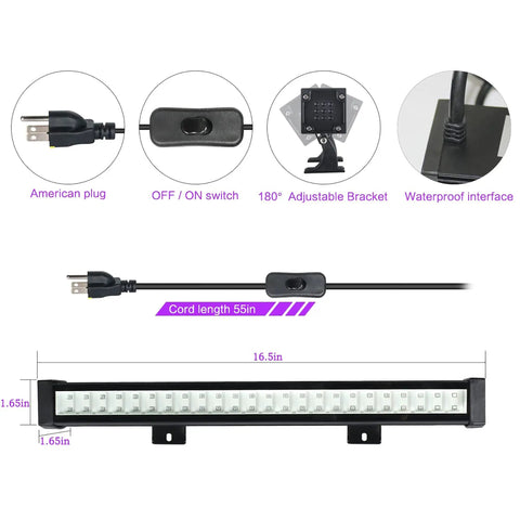 Get Your Party Started With These 4 Pack LED Black Light Bars That Deliver Powerful UV Glow For Indoor Outdoor Halloween Events Stage Lighting Body Paint And Fluorescent Decor In A Waterproof Design Built To Last, showing black light bar dimensions and features including plug, switch, bracket.