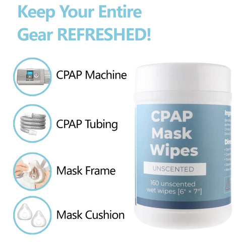 CPAP Mask Wipes canister, unscented, 160 wipes; shown with CPAP machine, tubing, mask frame, cushion
