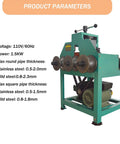 Electric Pipe Tube Bender Machine 110V 1.5KW with specifications showing voltage, power, and pipe thickness limits.