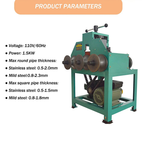 Electric Pipe Tube Bender Machine 110V 1.5KW with specifications showing voltage, power, and pipe thickness limits.