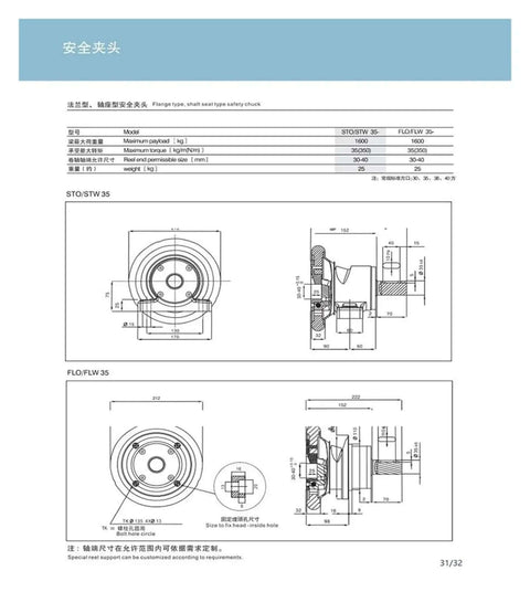 Technical drawing of Magnetic Powder Brake Safety Chuck With 35 Flange Shaft for Precise Tooling, STO/STW-35 dimensions.