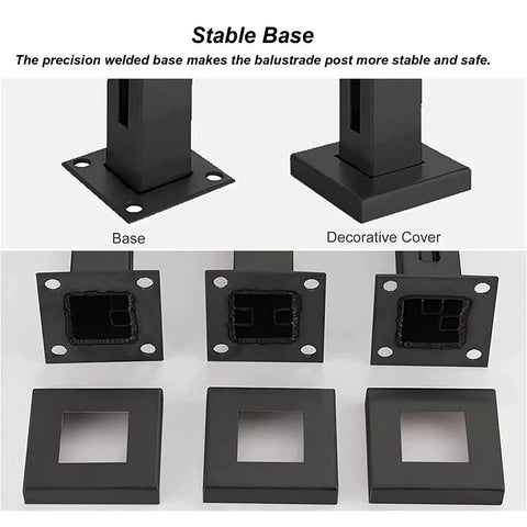 Sleek Matte Black Glass Railing Posts With Heavy Duty Stainless Steel Cores For Indoor Outdoor Decks Balconies And Pools showing stable base design.