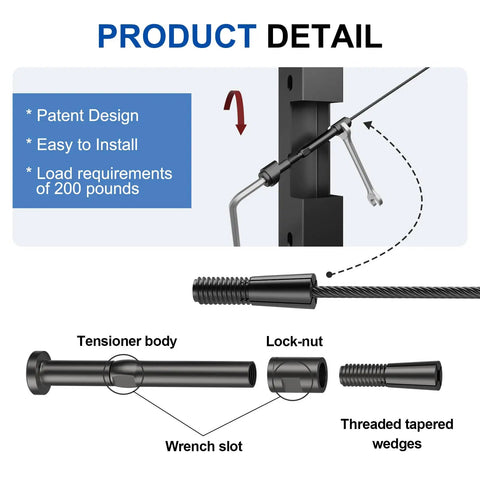 Complete 20 Pack Black Swageless Cable Railing Kit For 3/16 Inch Invisible Deck Wire Fencing featuring tensioner body and installation details.