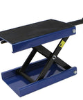 Beefy 1100 Lb Capacity Motorcycle Lift With Wide Deck Center Crank Hoist For Dirt Bikes And ATVs in a blue and black steel scissor design