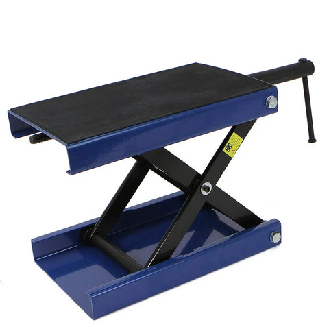 Beefy 1100 Lb Capacity Motorcycle Lift With Wide Deck Center Crank Hoist For Dirt Bikes And ATVs in a blue and black steel scissor design