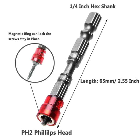 Close-up of 10Pc Magnetic Collar Phillips Cross Bit Set for Electric Drills and Cordless Drivers with 1/4 Inch Hex Shank.