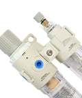Close-up of One Quarter Inch NPT Air Filter Regulator Lubricator Combo with pneumatic air dryer and semi-auto drain