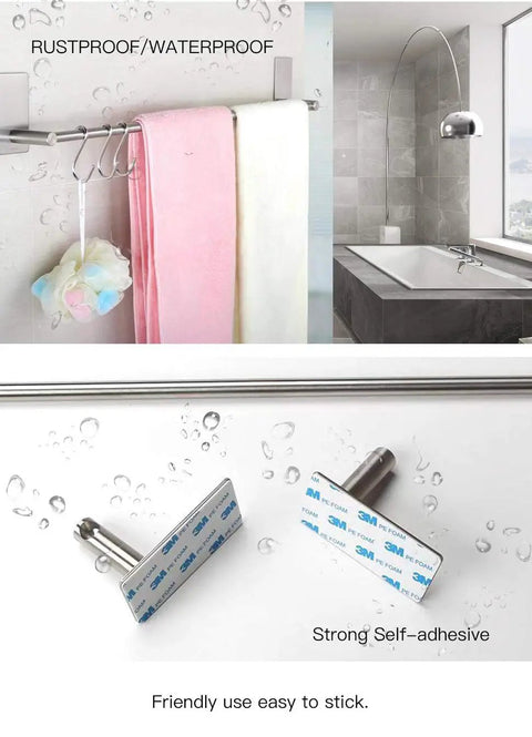 Self Adhesive Towel Bar Rack Set In 18/8 Stainless Steel, 16 Inch, with hooks in bathroom showing adhesive pads