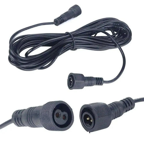Close-up of 2 Pin Outdoor Solar String Lights Extension Cable, 16 Ft Waterproof Extension Cord, showing plug and connector end.
