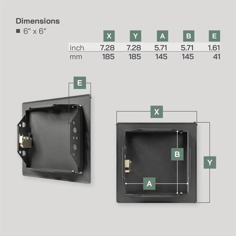 Dimensions of Heavy Hitter Six By Six Inch Galvanized Steel Service Door, showing inner and outer measurements.
