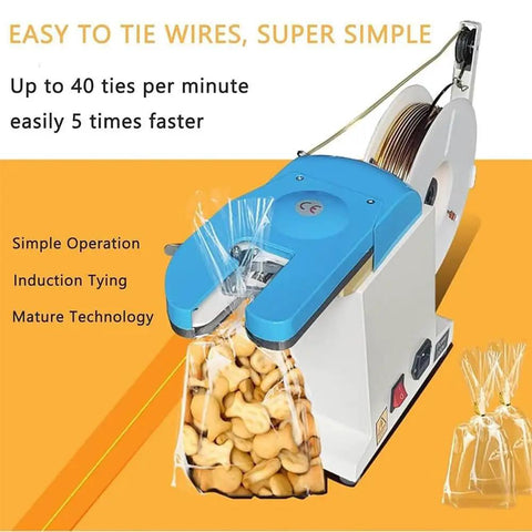 No Sweat Electric Semi Automatic Bag Closure Machine Twist Tie Bundler For Food Packaging Total Breeze Twisting Tool in use sealing snack bags.