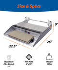 Heat Seal Wrapping Machine For Plastic Bags With Stainless Steel Wrapping Surface And Big Rubber Feet, Thermostatic Hot Plate, 6x15 Inch Sealing Area, 115V Sealer For Durable, Secure Bag Packaging showing dimensions and specs