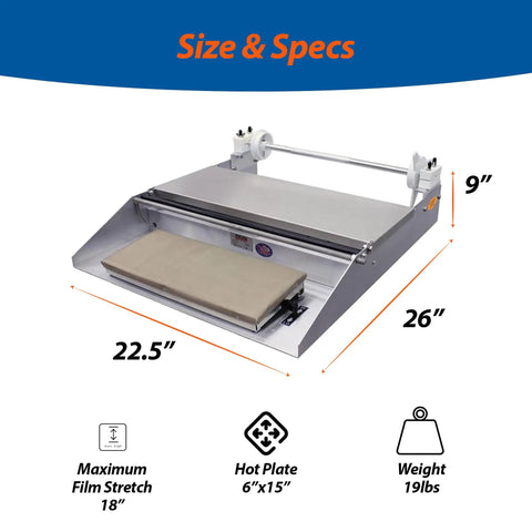 Heat Seal Wrapping Machine For Plastic Bags With Stainless Steel Wrapping Surface And Big Rubber Feet, Thermostatic Hot Plate, 6x15 Inch Sealing Area, 115V Sealer For Durable, Secure Bag Packaging showing dimensions and specs