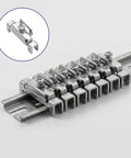 12 Piece DIN Rail End Stops Kit For 35mm Rails With Screw Clamps Galvanized Iron Alloy Ends That Lock Terminal Blocks No Slip And Secure Components In Electrical Panels And Control Cabinets; side view on DIN rail
