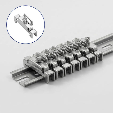 12 Piece DIN Rail End Stops Kit For 35mm Rails With Screw Clamps Galvanized Iron Alloy Ends That Lock Terminal Blocks No Slip And Secure Components In Electrical Panels And Control Cabinets; side view on DIN rail
