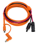 Tough Outdoor Solar Power Cable With Dual DC Connectors 8.0x2.0mm And 7.9x0.9mm For Secure Device Charging, Reliable Energy Transfer, And Protecting Sensitive Electronics During Outdoor Use. Coiled orange PVC cable with dual DC plugs
