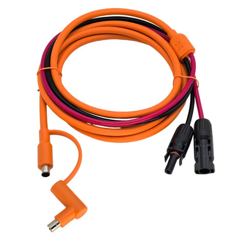 Tough Outdoor Solar Power Cable With Dual DC Connectors 8.0x2.0mm And 7.9x0.9mm For Secure Device Charging, Reliable Energy Transfer, And Protecting Sensitive Electronics During Outdoor Use. Coiled orange PVC cable with dual DC plugs