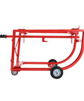 Heavy Duty 55 Gallon Drum Cradle With 600 Lb Capacity And Sturdy Steel Build viewed from the side showing wheels and handle.