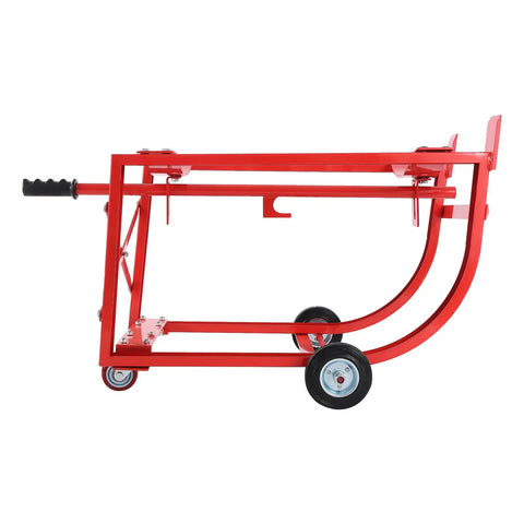 Heavy Duty 55 Gallon Drum Cradle With 600 Lb Capacity And Sturdy Steel Build viewed from the side showing wheels and handle.