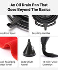 Oil Change Kit With 8 Quart Pan Longneck Funnel And Removable Filter Plus Five Shop Towels showing spout, handles, towel, funnel.