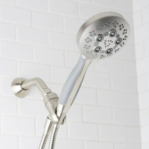 Rio Handheld Shower Head With 5 Sprays And 2.5 GPM Flow In Brushed Nickel, Modern Detachable Design shown mounted on shower arm