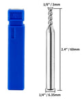 End mill bit, 1/8 in diameter, HSS, 4-flute, 1/4 in shank, in blue plastic case (front view)