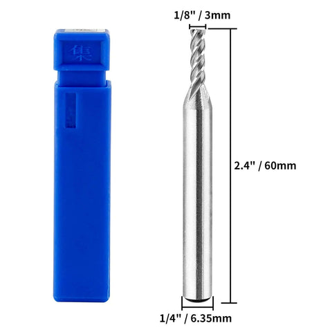 End mill bit, 1/8 in diameter, HSS, 4-flute, 1/4 in shank, in blue plastic case (front view)