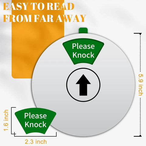 Rotating Privacy Door Sign For Office With Please Knock mode visible, silver 6-inch round sign with dimensions labeled.
