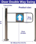 Premium Heavy Duty Self Closing Security Gate Featuring Slick One Way Swing Action For Bustling Warehouses And Supermarket Aisles With Zero Hassle Pedestrian Flow Control dimensions showing stainless steel frame and arrow sign.
