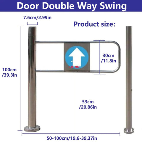 Premium Heavy Duty Self Closing Security Gate Featuring Slick One Way Swing Action For Bustling Warehouses And Supermarket Aisles With Zero Hassle Pedestrian Flow Control dimensions showing stainless steel frame and arrow sign.