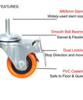 Heavy Duty Stem Casters With PVC Wheels 2 Inch Brake Dual Locking M8 Stem 1 Inch For Home Office Industry, labeled features.