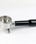 54mm espresso portafilter with stainless steel basket, double spout, black ABS handle, side view.
