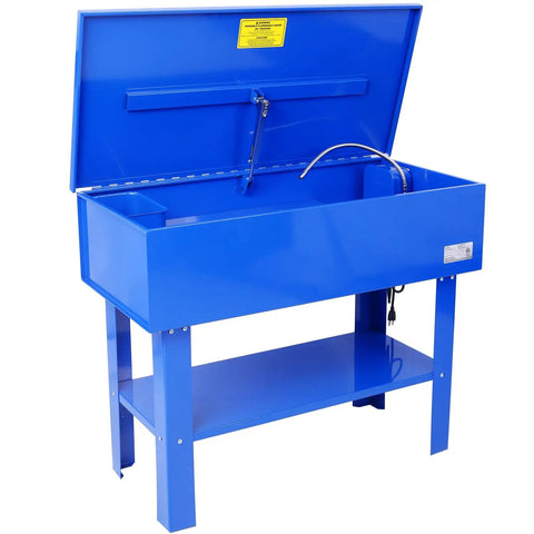 Heavy Duty 40 Gallon Parts Washer With Removable Shelf Packs A 24 Gallon Solvent Tank, blue steel structure with opened lid.
