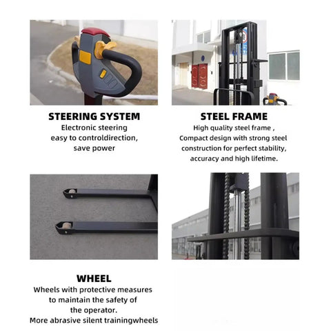 Heavy Duty Electric Warehouse Stacker And Powered Pallet Lifter For Smooth Material Handling In Industrial Warehouses steering system and steel frame features