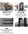 Rock Solid Warehouse Walkie Stacker Equipped with Wide Straddle Legs Offering Portable Hand Push Operation for Reliable Cargo Transfers Throughout Busy Industrial Shops steering system and steel frame close-up.