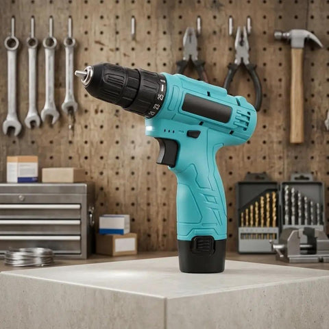Built Tough 12V Cordless Drill With 25 Plus 1 Torque Settings And Dual Speed Modes on workbench with tools in background.