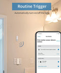 Installed Zigbee Motion Sensor Two Pack With Hub Required Pet Friendly Works With Home Assistant SmartThings Aeotec Hubitat Homey Or Echo Devices With Built In Zigbee Hub next to a light switch and smartphone showing routine setup.