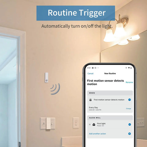 Installed Zigbee Motion Sensor Two Pack With Hub Required Pet Friendly Works With Home Assistant SmartThings Aeotec Hubitat Homey Or Echo Devices With Built In Zigbee Hub next to a light switch and smartphone showing routine setup.