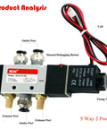 Heavy Duty Aluminum Solenoid Valve 4V210-08 5 Way 2 Position Pilot-Operated Electric Valve With One Quarter Inch NPT Connections, Voltage Options 12V 24V 110V, Industrial Pneumatic Control showing ports and coil